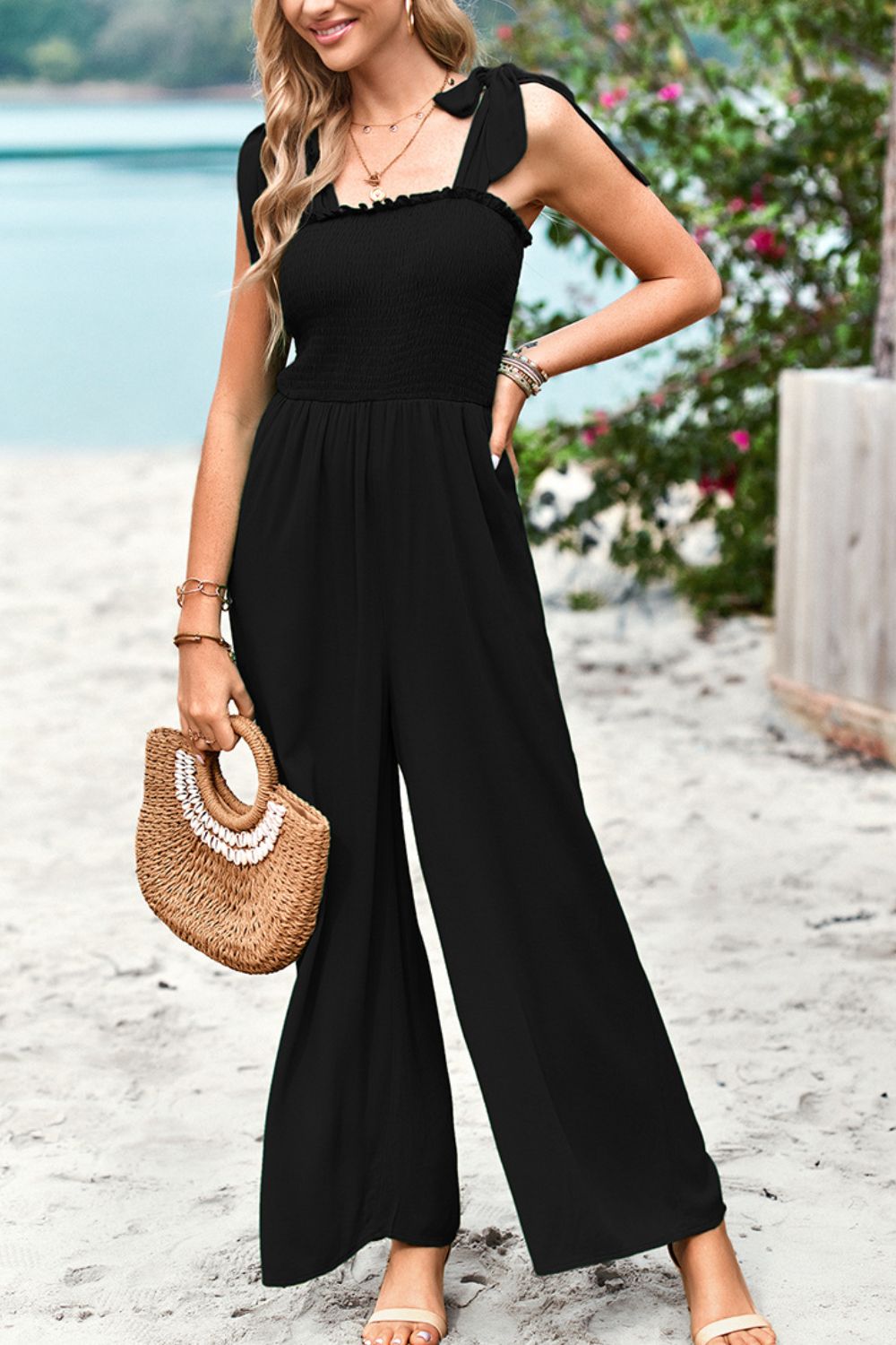 swvws Frill Trim Tie Shoulder Wide Leg Jumpsuit with Pockets