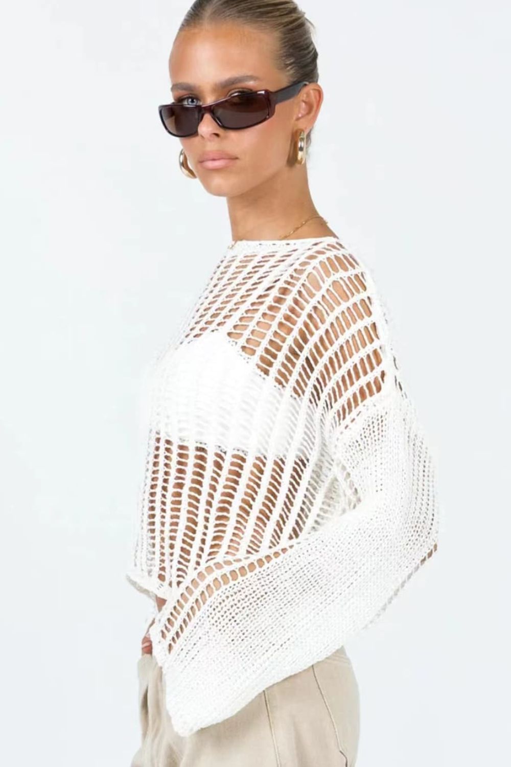 swvws Openwork Boat Neck Long Sleeve Cover Up