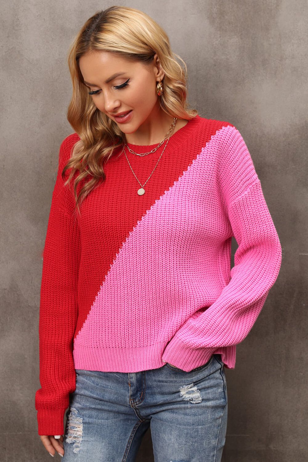 swvws Two-Tone Round Neck Dropped Shoulder Sweater