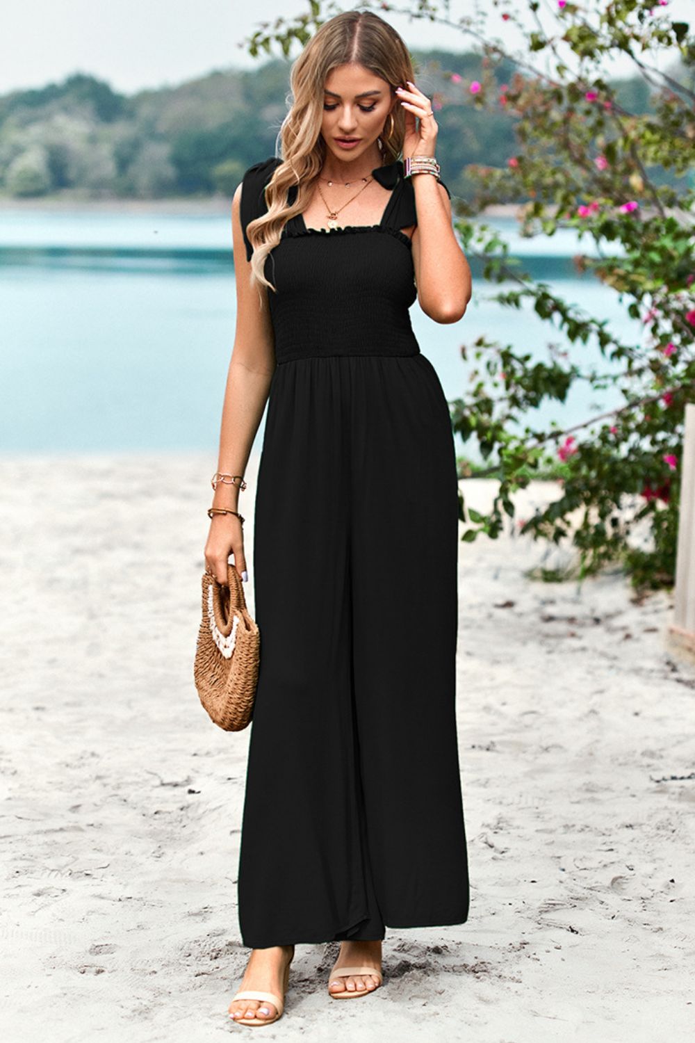 swvws Frill Trim Tie Shoulder Wide Leg Jumpsuit with Pockets