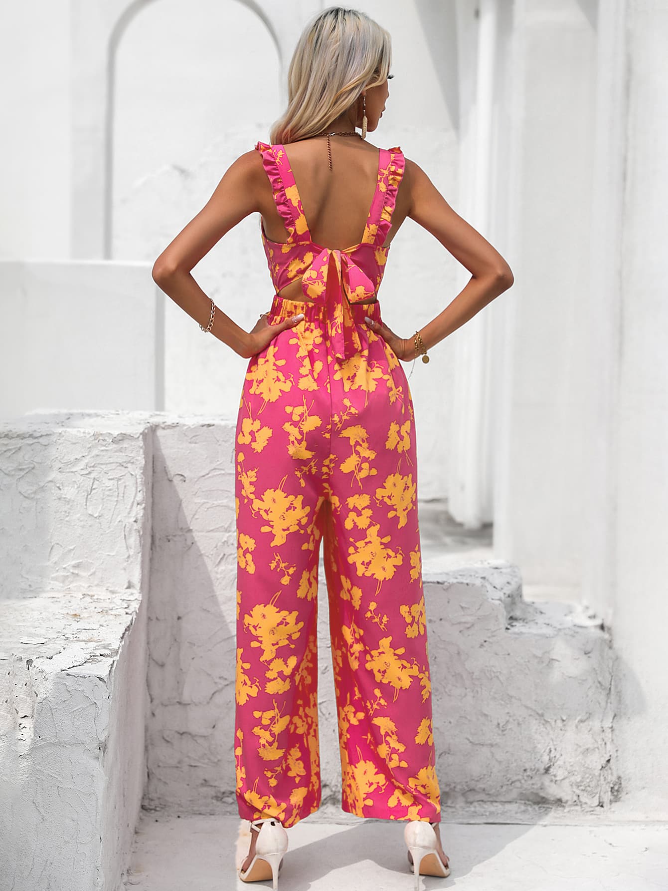 swvws Floral Square Neck Cutout Tie Back Jumpsuit