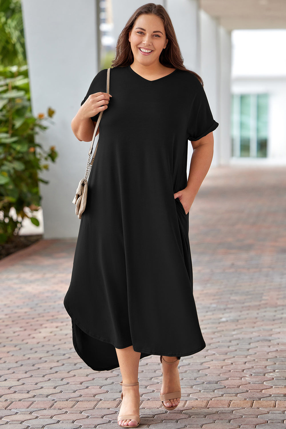 swvws Plus Size V-Neck Short Sleeve Maxi Dress