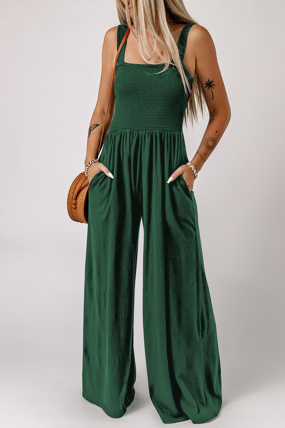 swvws Smocked Square Neck Wide Leg Jumpsuit with Pockets