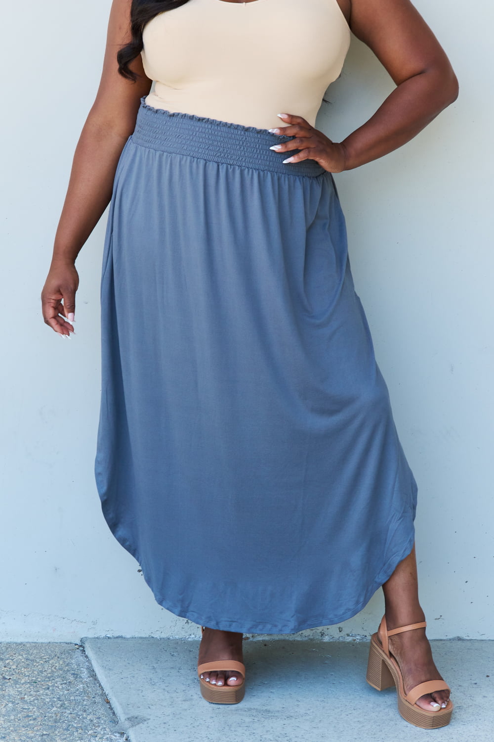 themeisles Doublju Comfort Princess Full Size High Waist Scoop Hem Maxi Skirt in Dusty Blue