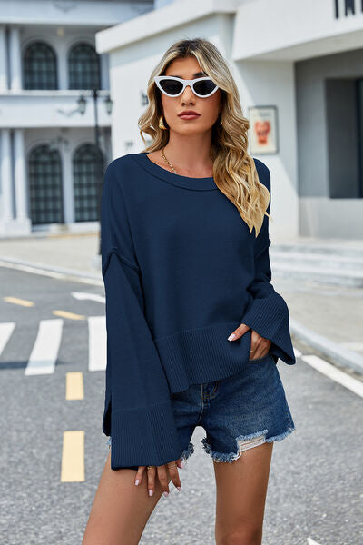 swvws High-Low Slit Round Neck Long Sleeve Sweater