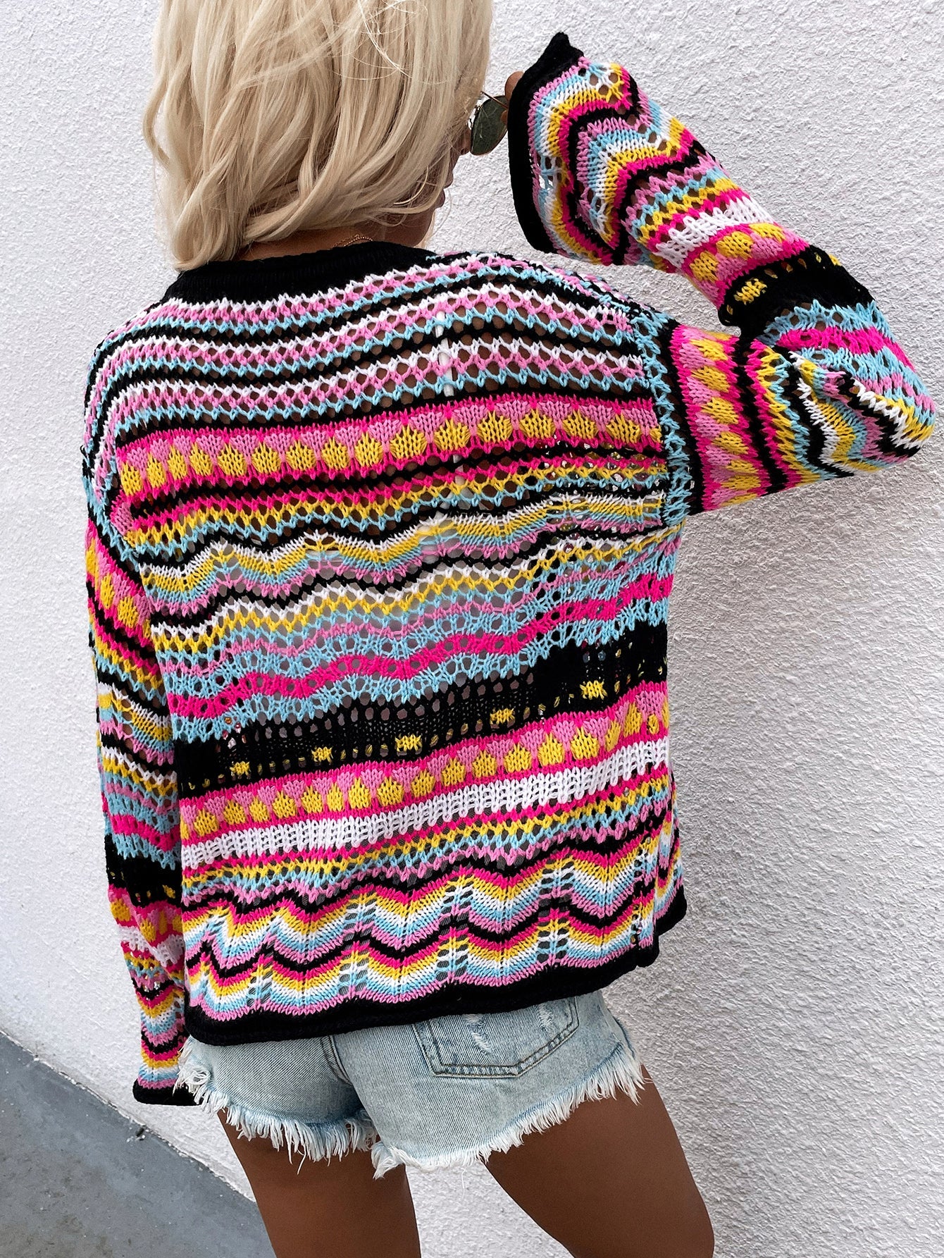 swvws Chevron Stripes Openwork Cardigan