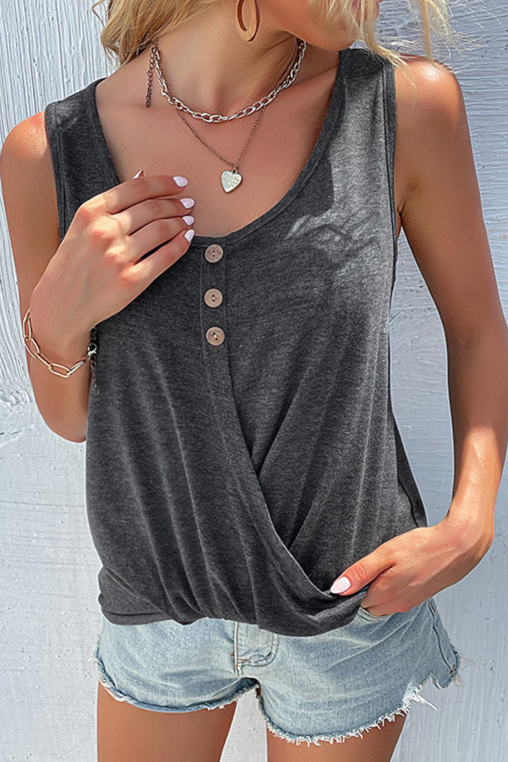 swvws Decorative Button Twisted Scoop Neck Tank