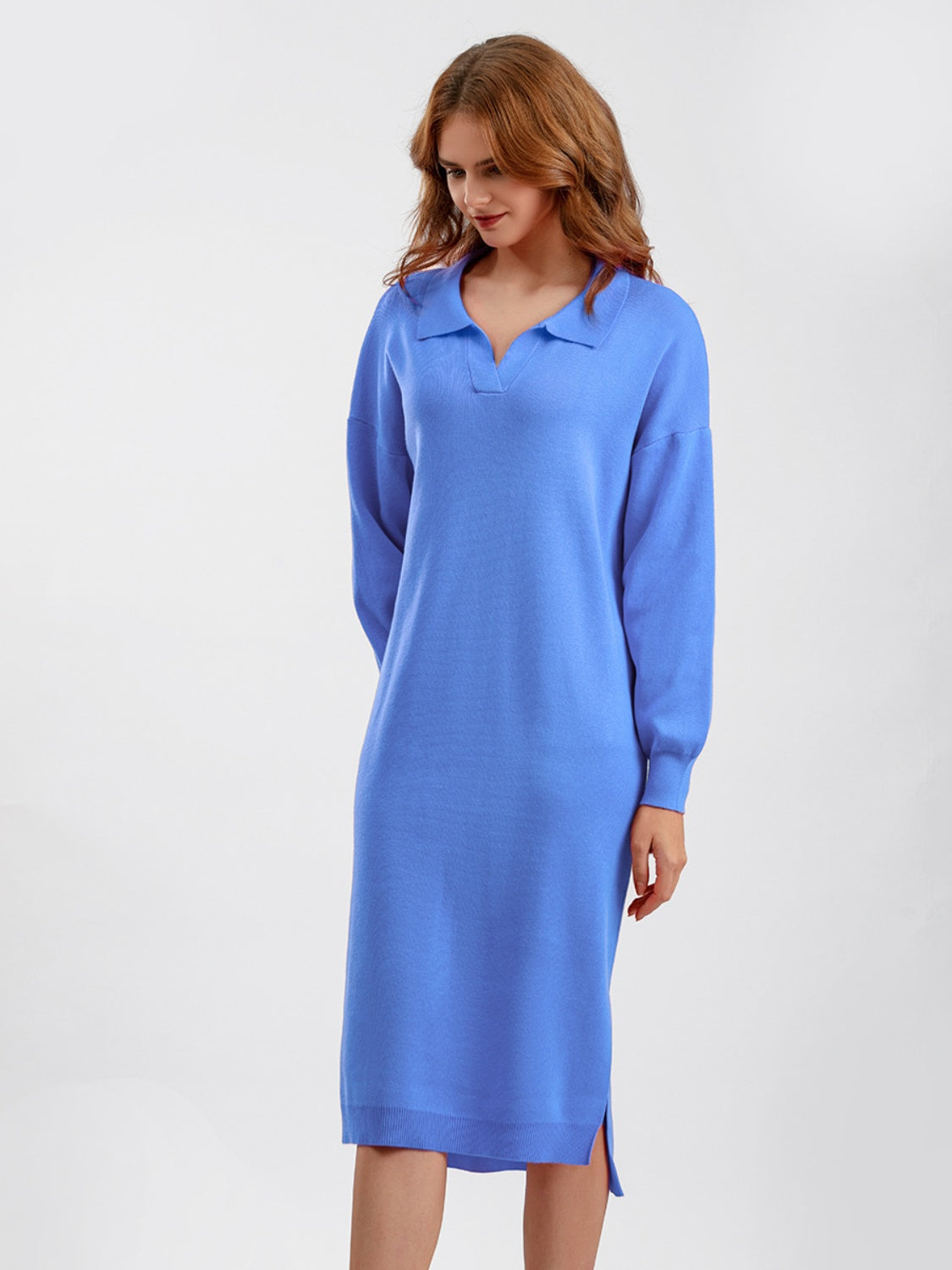 swvws Johnny Collar Long Sleeve Slit Sweater Dress