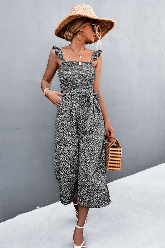 swvws Printed Ruffle Strap Smocked Belted Jumpsuit