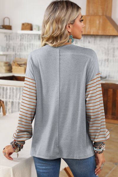 swvws Striped Round Neck Lantern Sleeve Sweatshirt