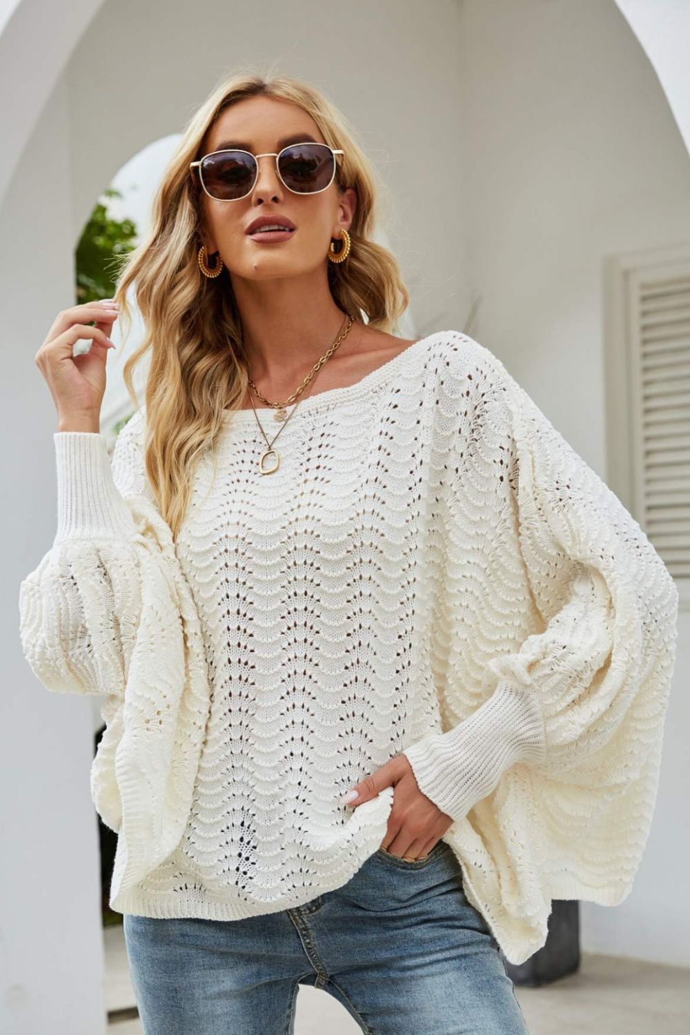 swvws Openwork Boat Neck Dolman Sleeve Sweater