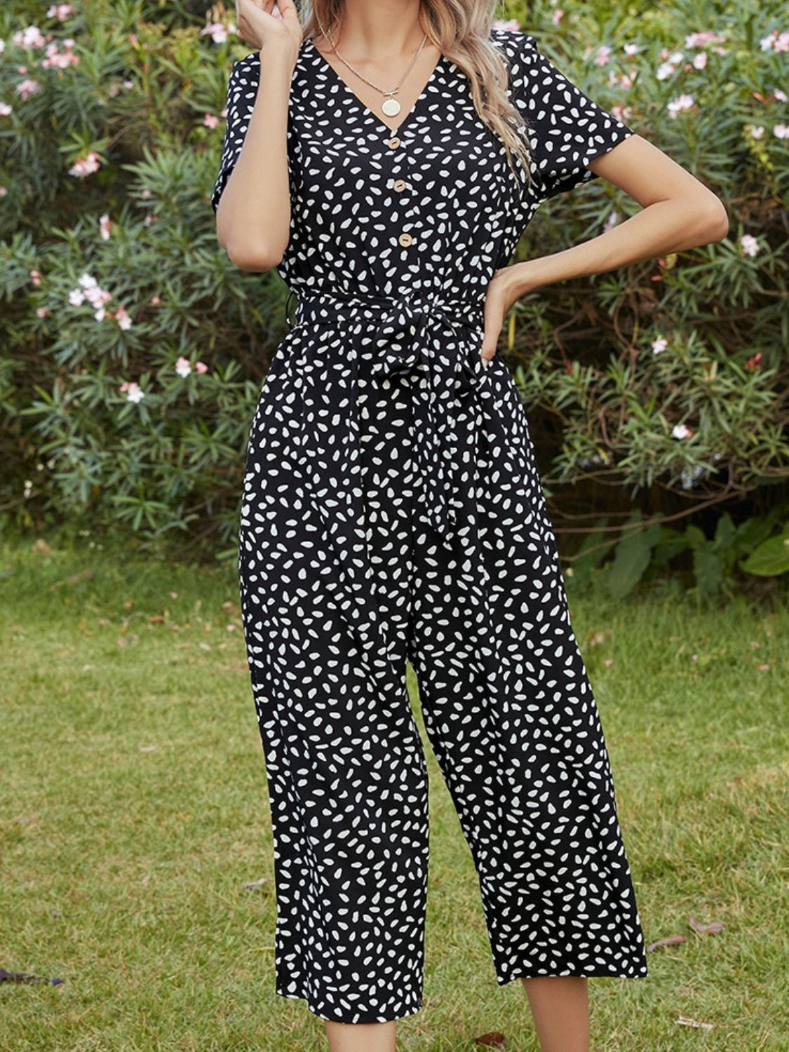 swvws Printed V-Neck Short Sleeve Jumpsuit