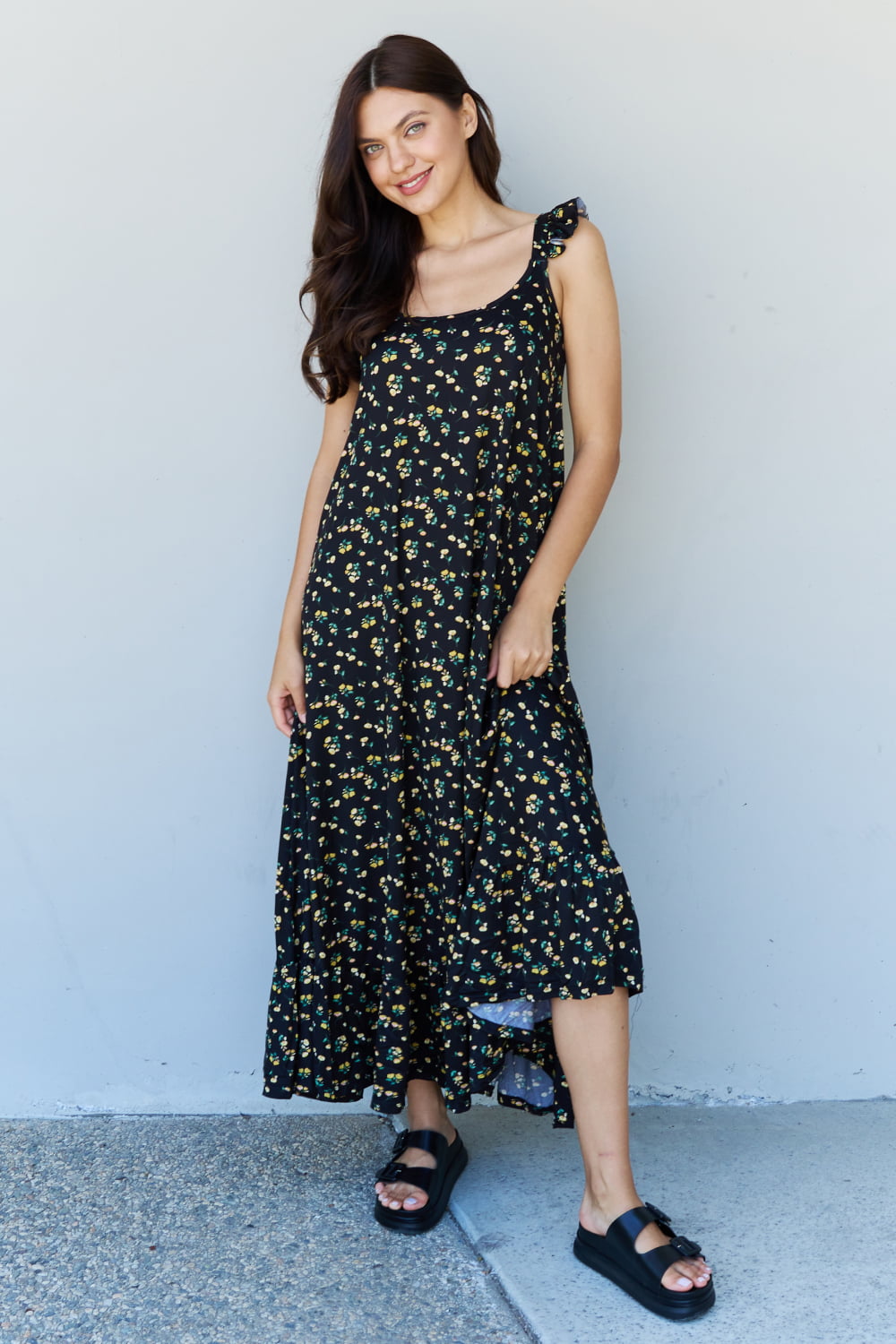 swvws Doublju In The Garden Ruffle Floral Maxi Dress in  Black Yellow Floral