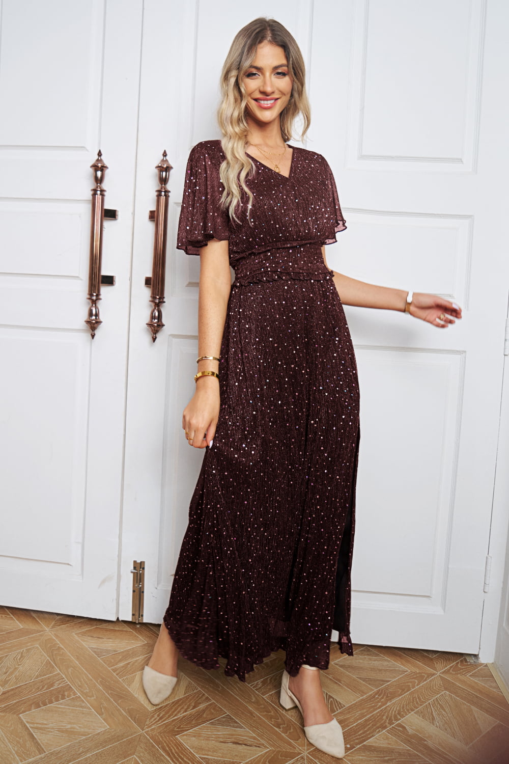 swvws V-Neck High Slit Glitter Maxi Dress