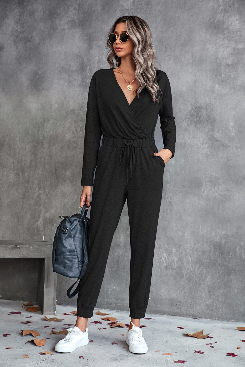 swvws Drawstring Waist Surplice Long Sleeve Jumpsuit