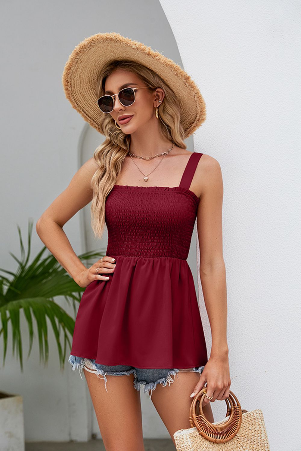 swvws Smocked Square Neck Babydoll Tank