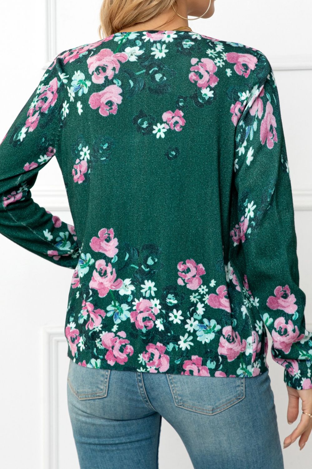 swvws Floral Button Front Round Neck Cardigan