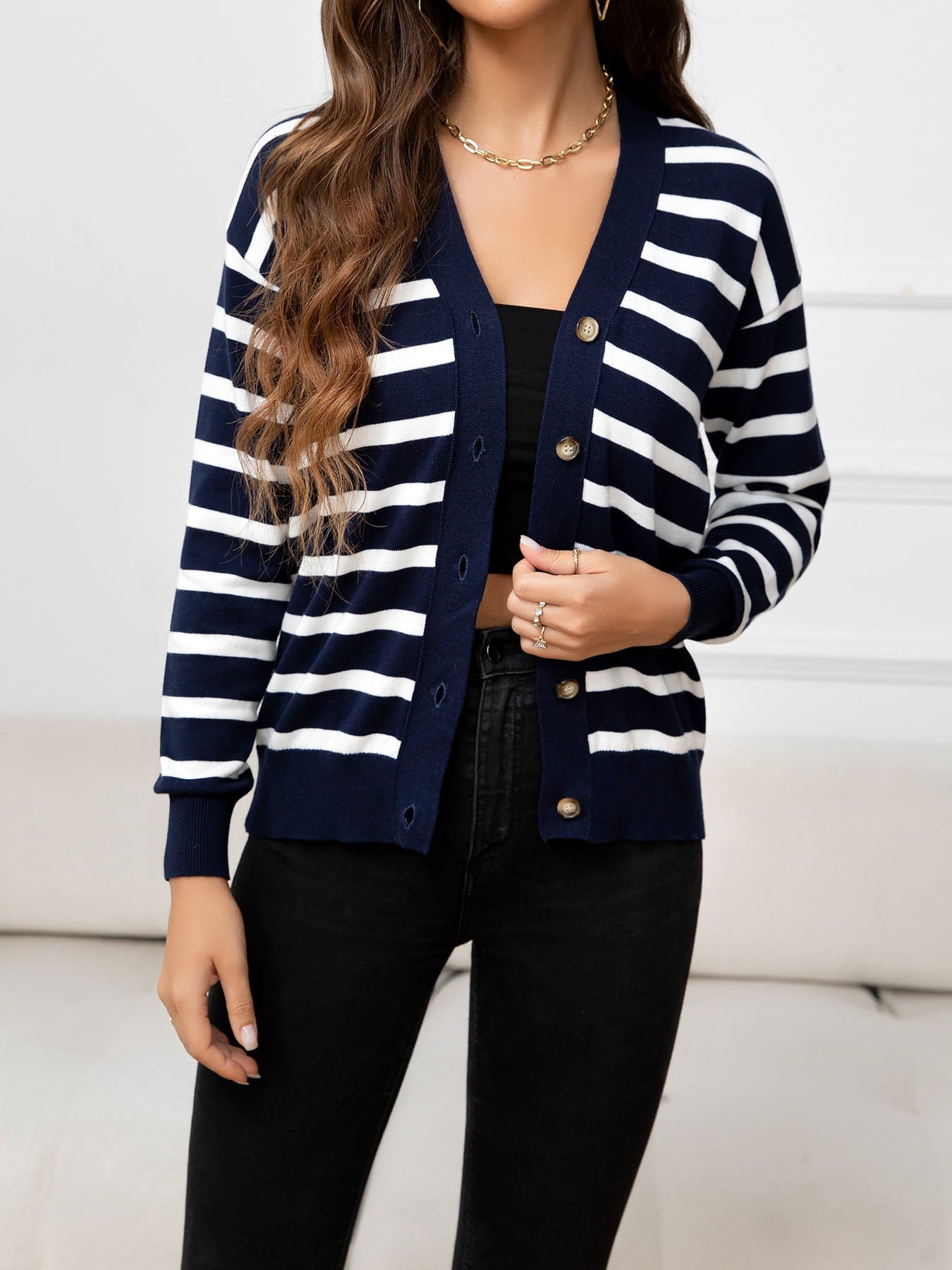 swvws Striped Dropped Shoulder V-Neck Knit Top