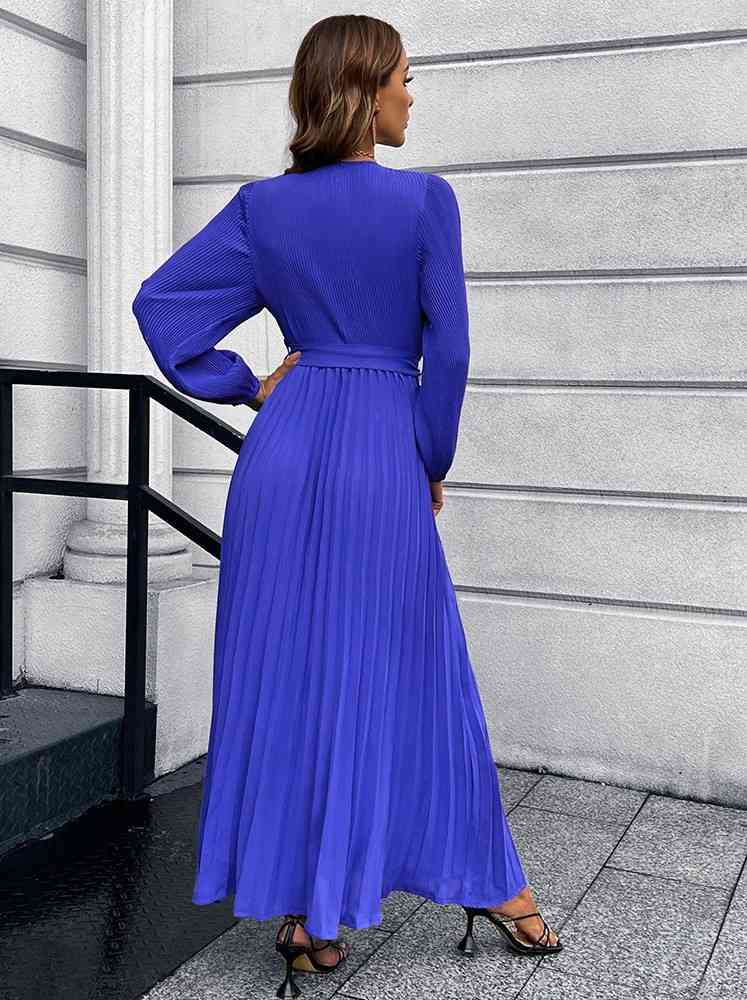 swvws V-Neck Tie Waist Pleated Maxi Dress