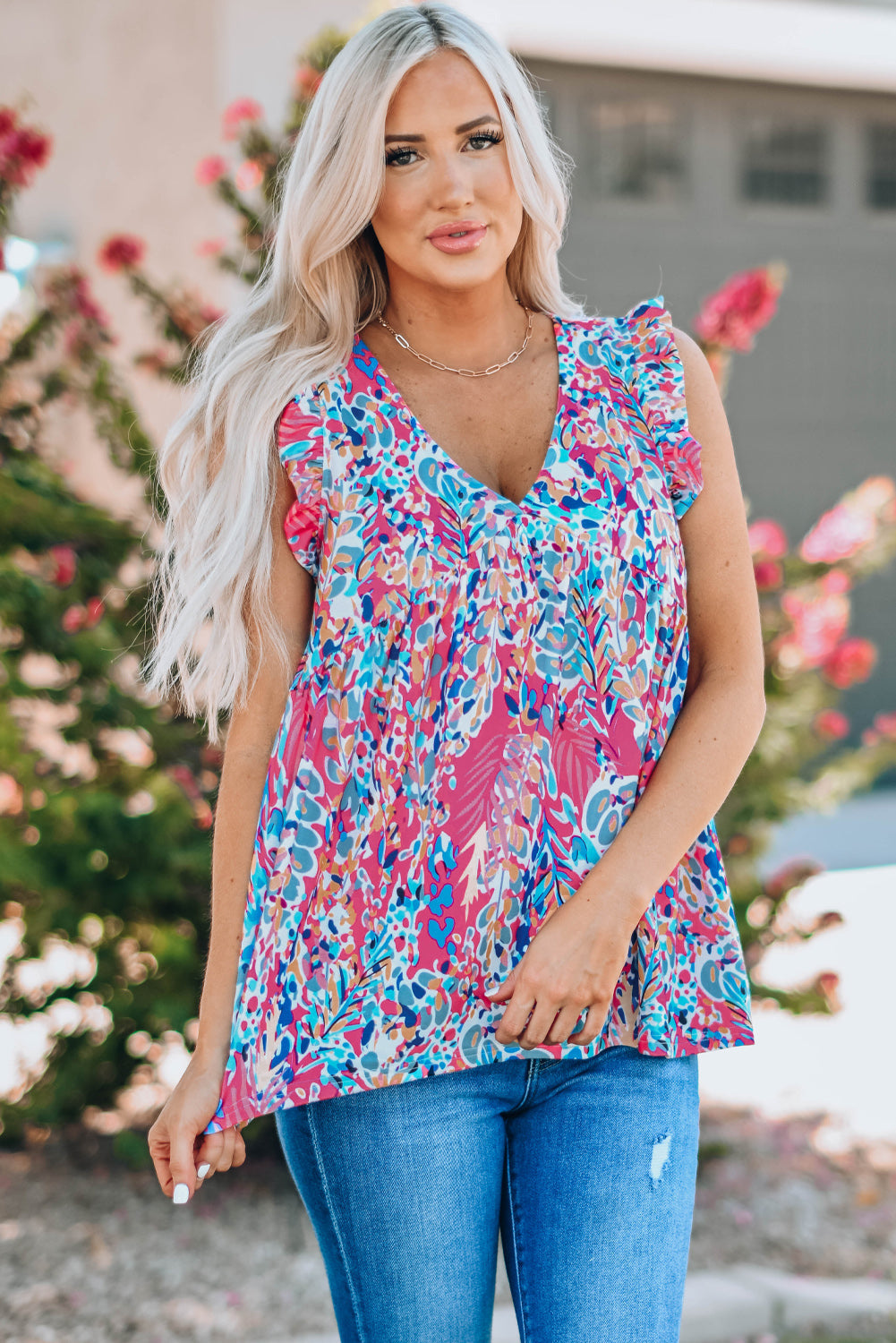 swvws Printed Flutter Sleeve V-Neck Top cf