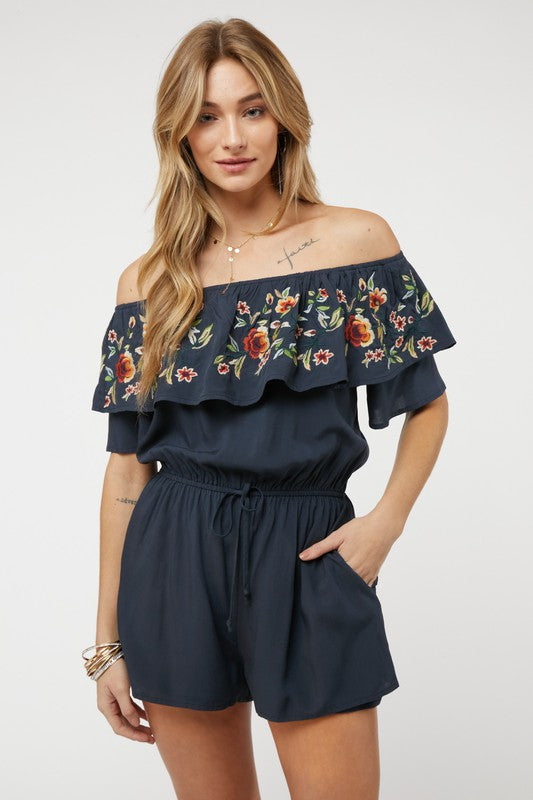 swvws Floral Embroidered Off Shoulder Romper