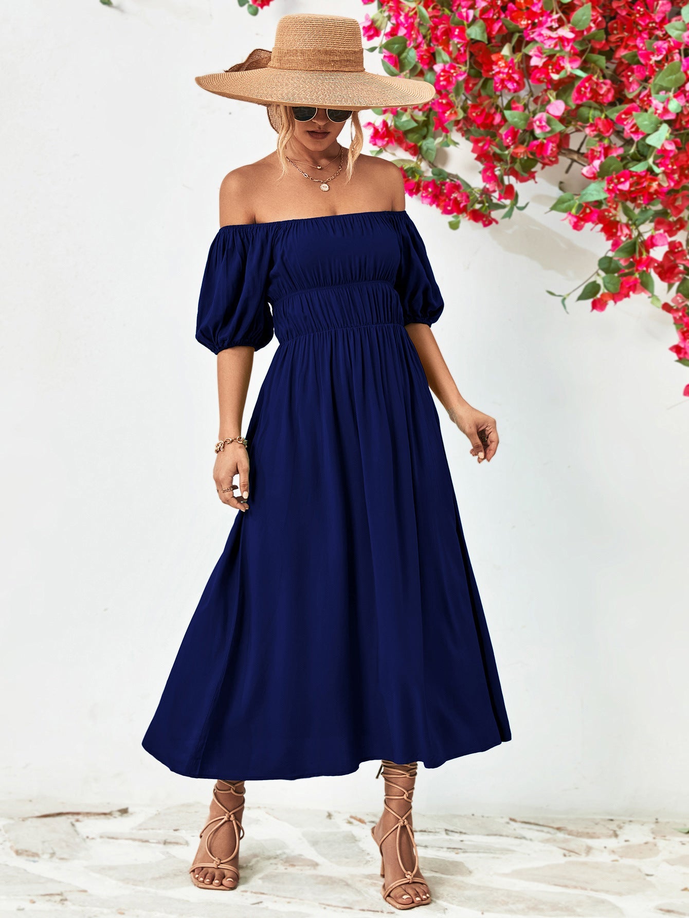 swvws Off-Shoulder Balloon Sleeve Midi Dress