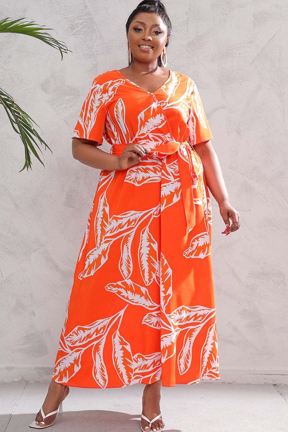 swvws Plus Size Printed Surplice Short Sleeve Maxi Dress