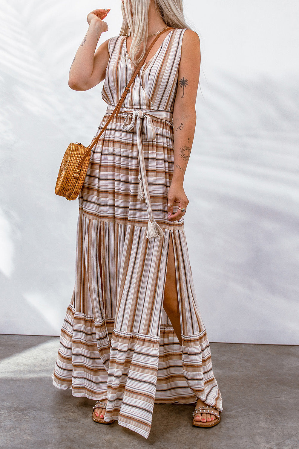 swvws Striped Tie Waist Slit Sleeveless Dress