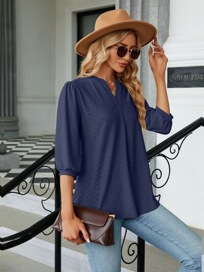 swvws Textured Notched Three-Quarter Sleeve Blouse