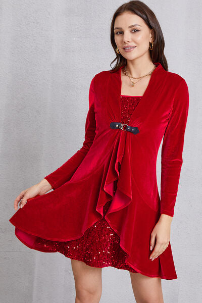 swvws Sequin Ruffle Hem Long Sleeve Mini Dress