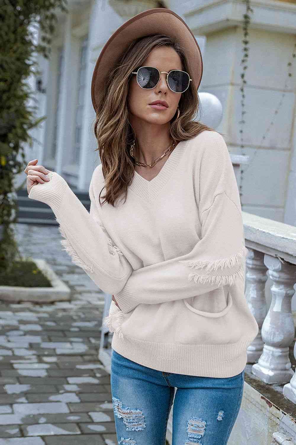 swvws V-Neck Raw Hem Dropped Shoulder Sweater