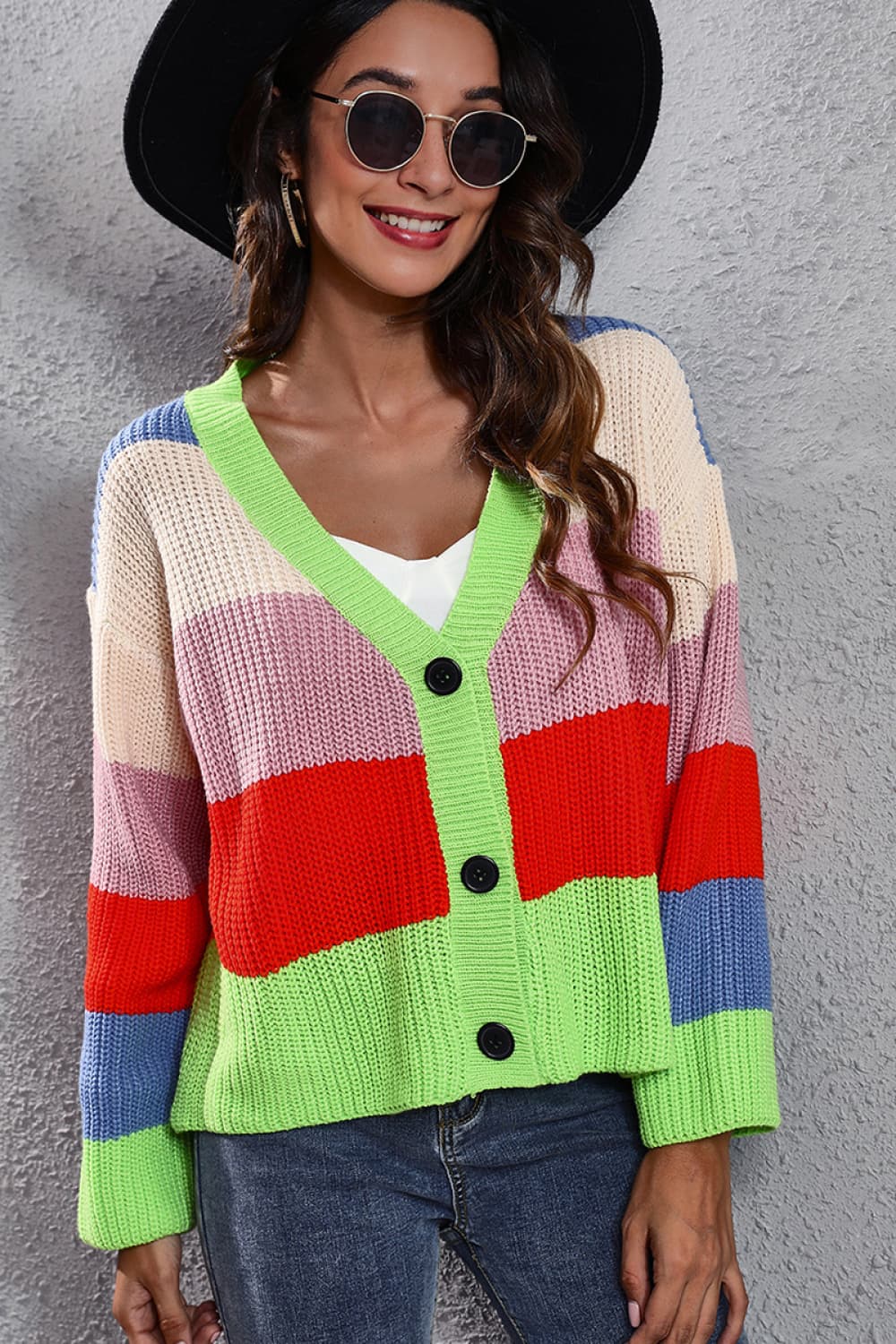 swvws Color Block Button-Down Dropped Shoulder Cardigan