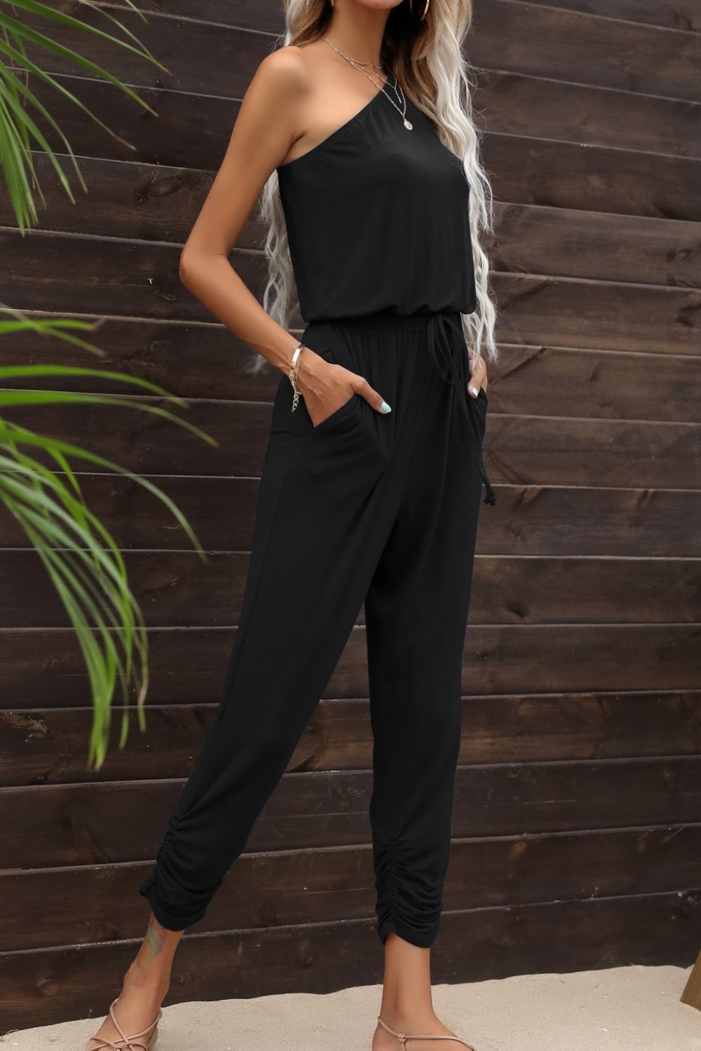 swvws Drawstring Waist One-Shoulder Jumpsuit with Pockets