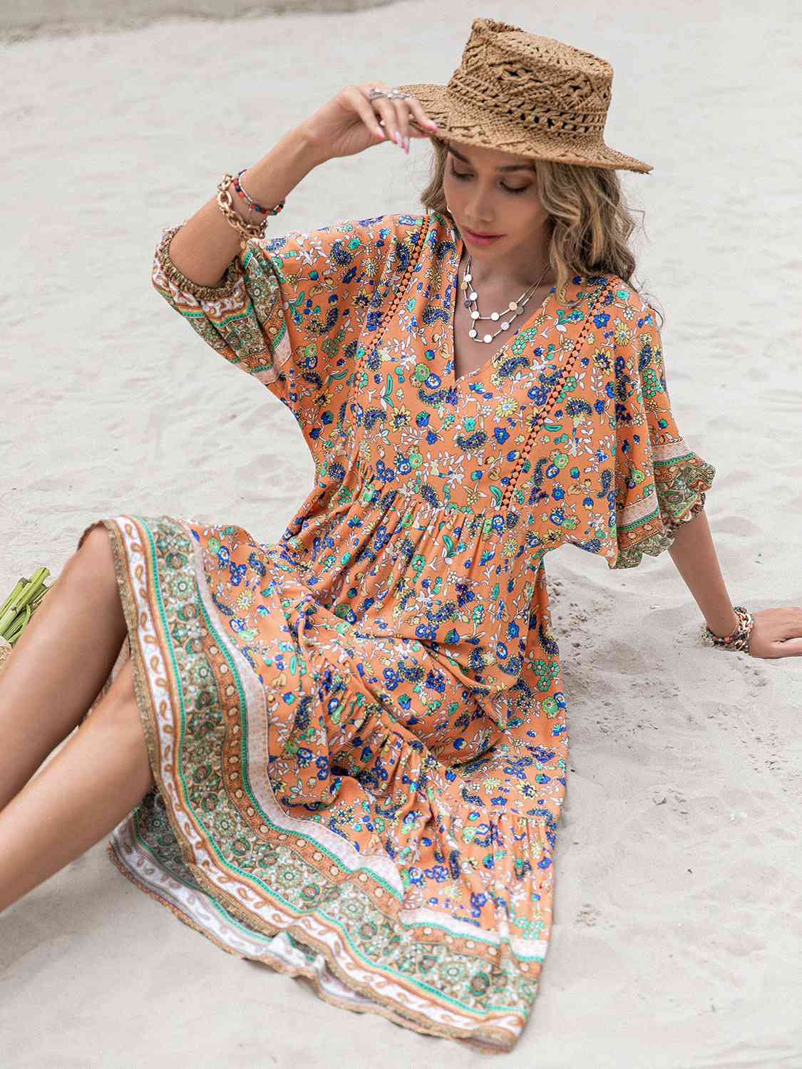 swvws Printed V-Neck Short Sleeve Maxi Dress