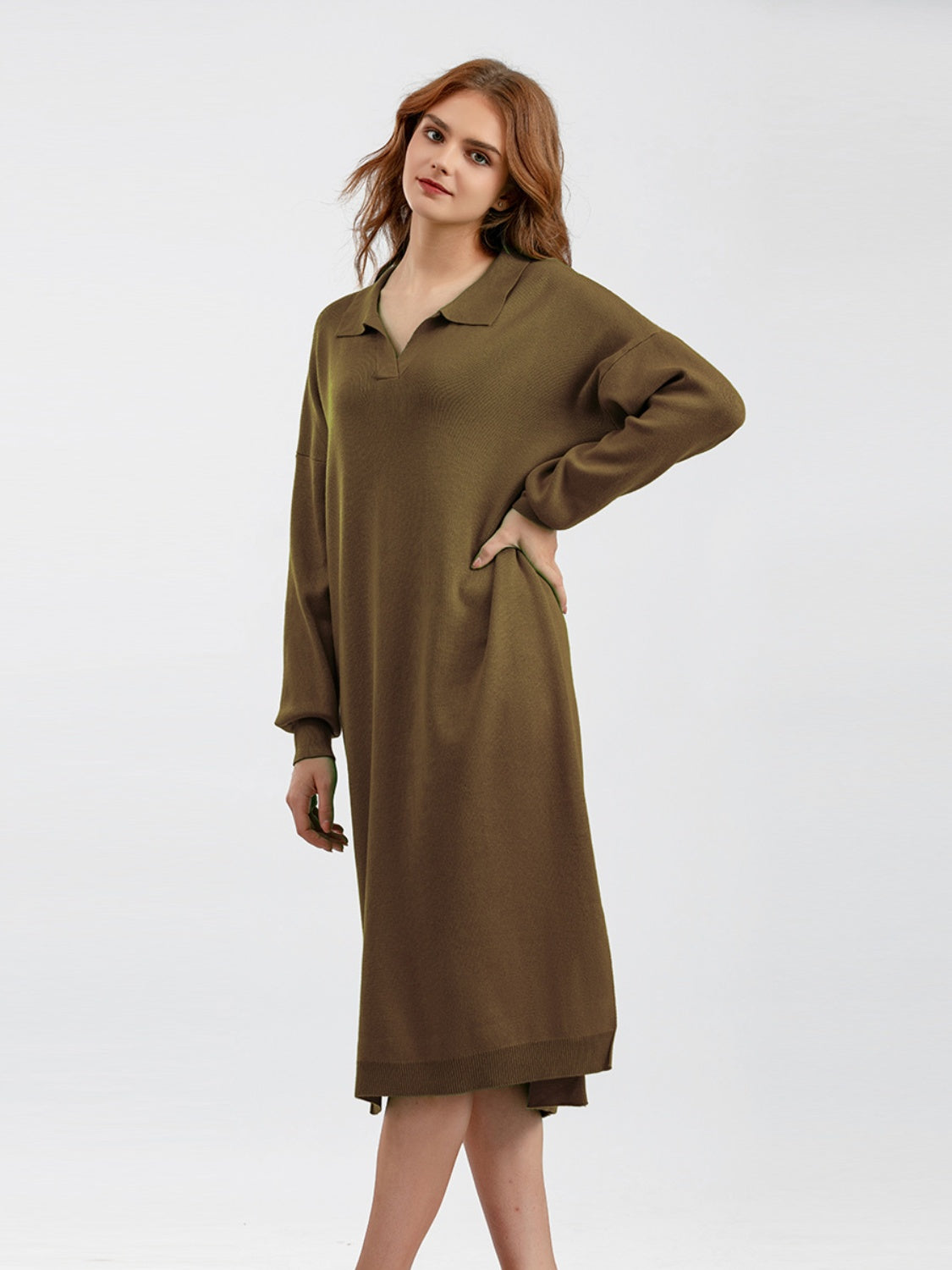 swvws Johnny Collar Long Sleeve Slit Sweater Dress