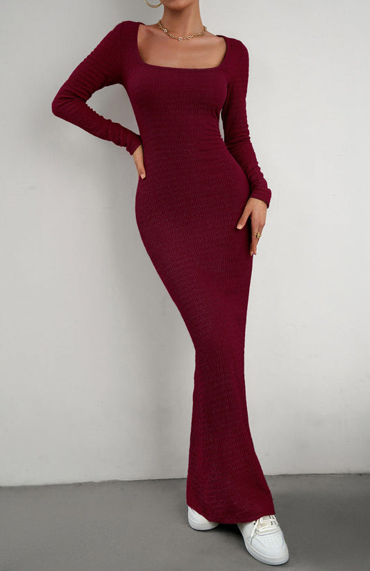 swvws Long Sleeve Square Neck Maxi Bodycon Dress