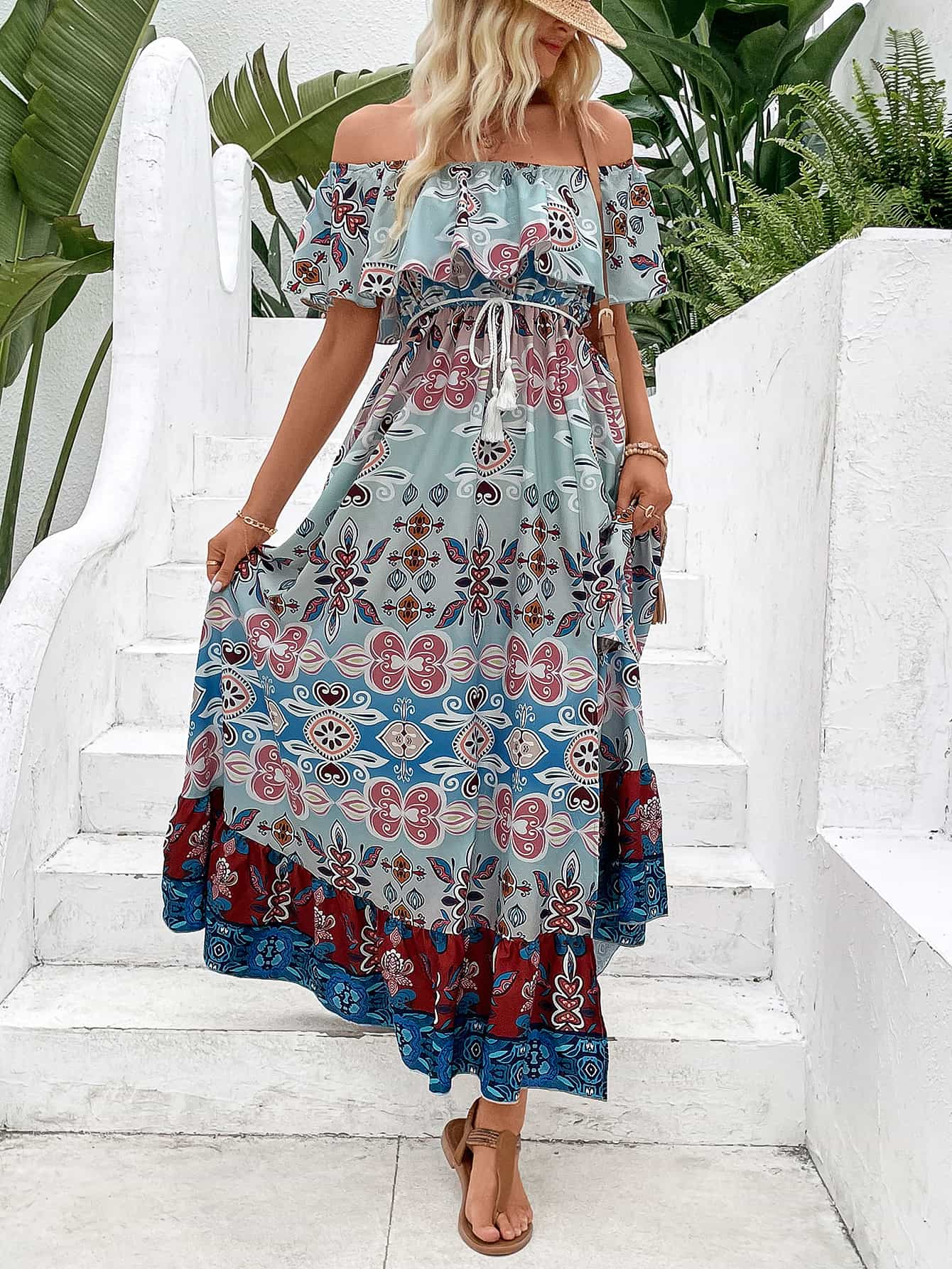 swvws Printed Off-Shoulder Slit Maxi Dress