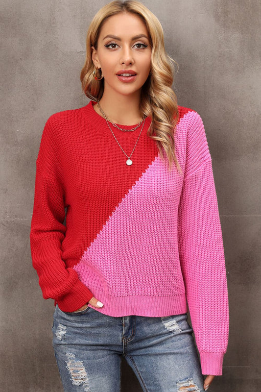 swvws Two-Tone Round Neck Dropped Shoulder Sweater