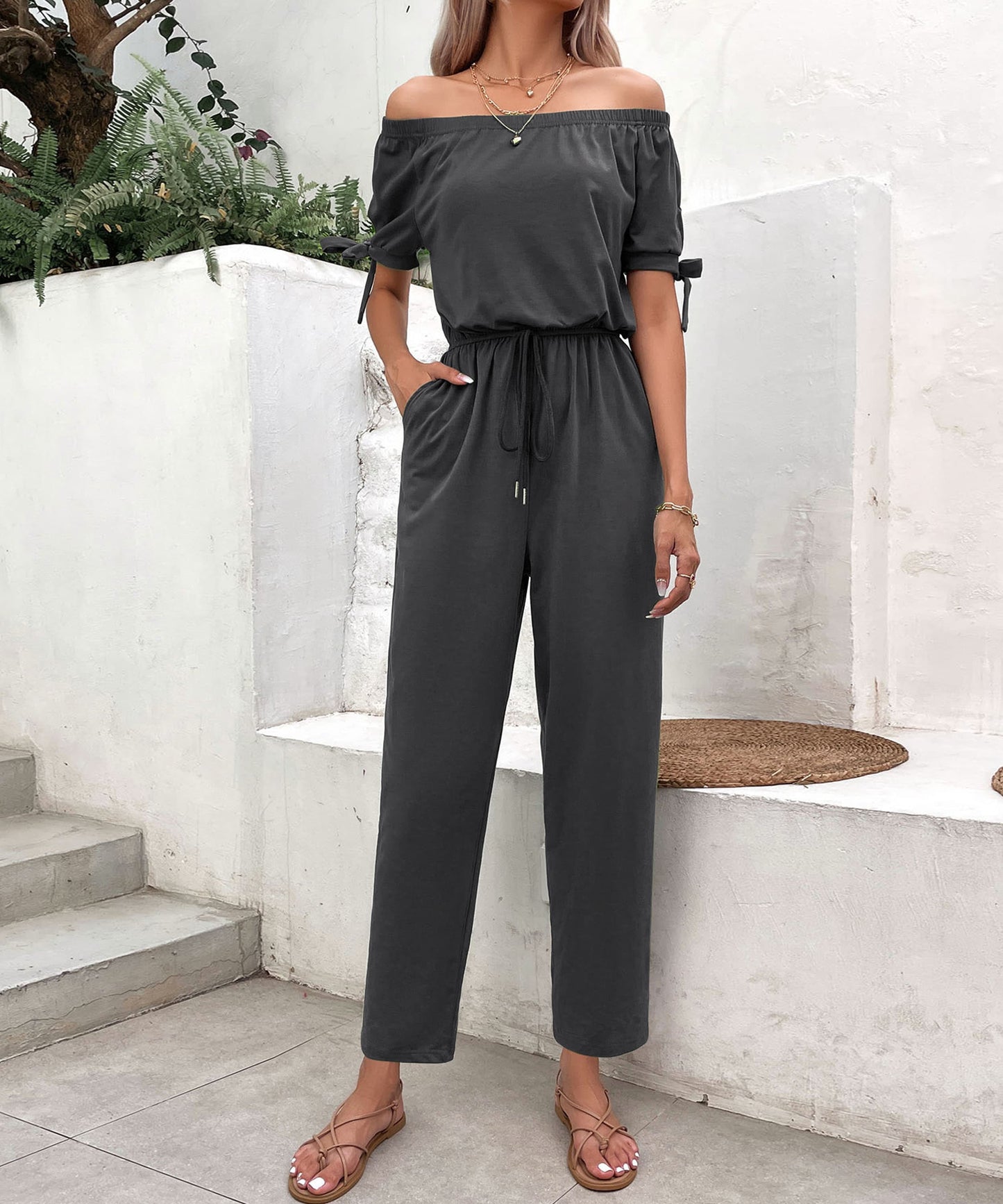 swvws Off-Shoulder Tie Cuff Jumpsuit with Pockets