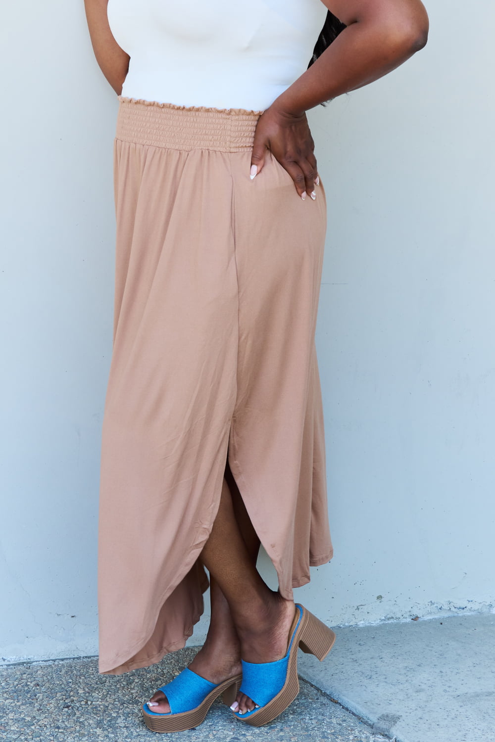 themeisles Doublju Comfort Princess Full Size High Waist Scoop Hem Maxi Skirt in Tan