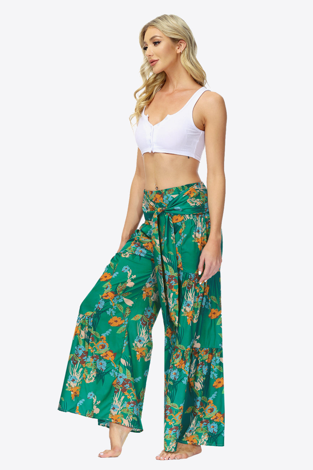 swvws Floral Tie-Waist Tiered Culottes