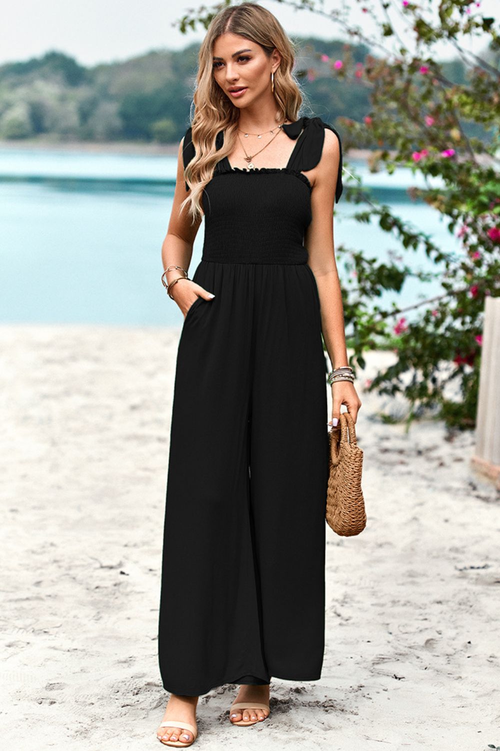 swvws Frill Trim Tie Shoulder Wide Leg Jumpsuit with Pockets