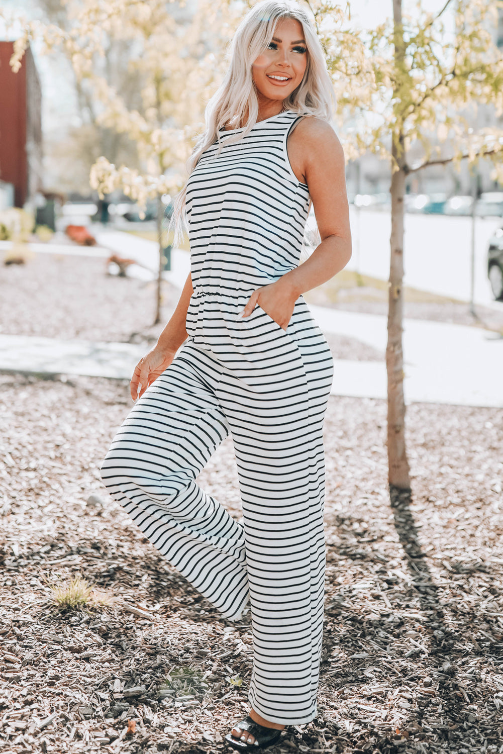 swvws Striped Sleeveless Jumpsuit with Pockets