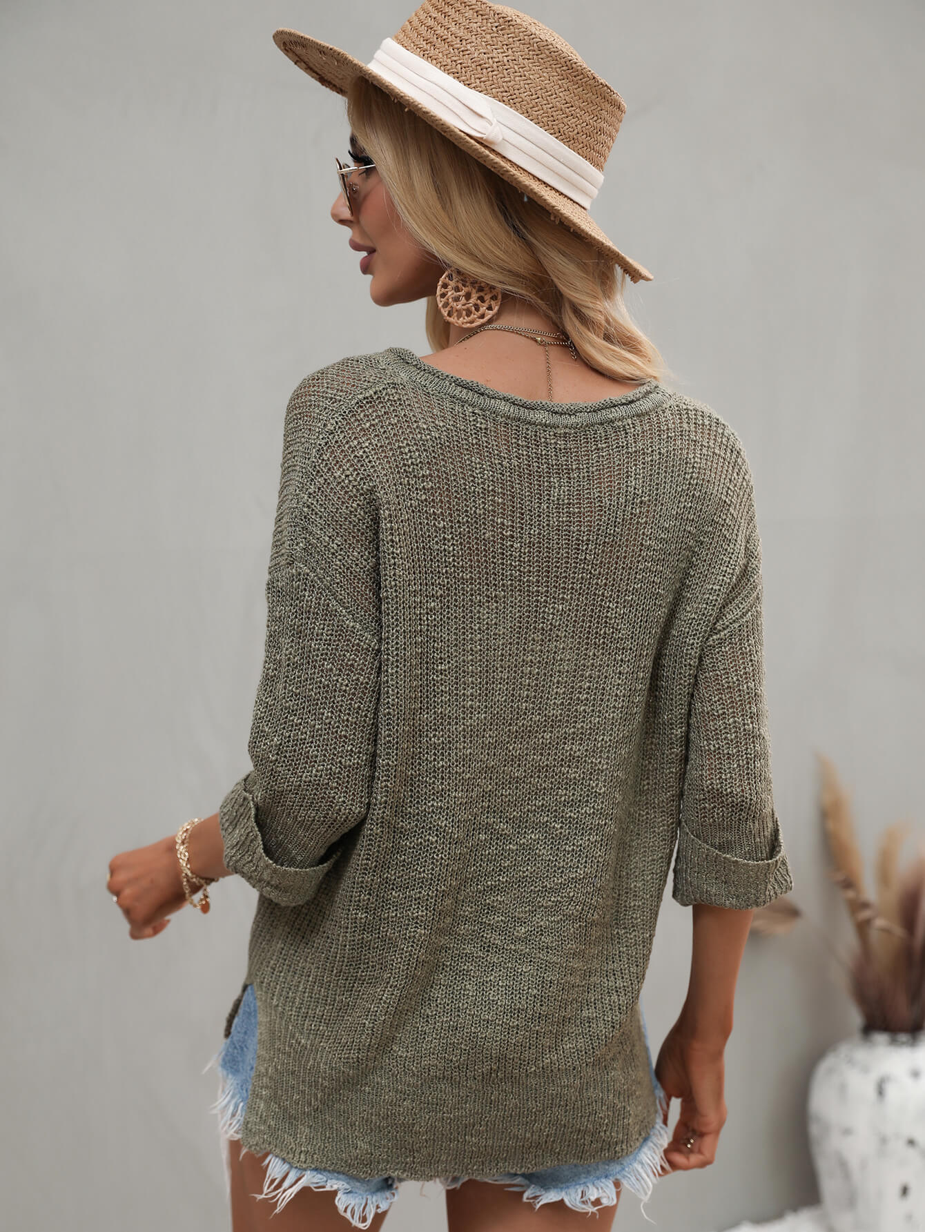 swvws Notched Side Slit Drop Shoulder Sweater