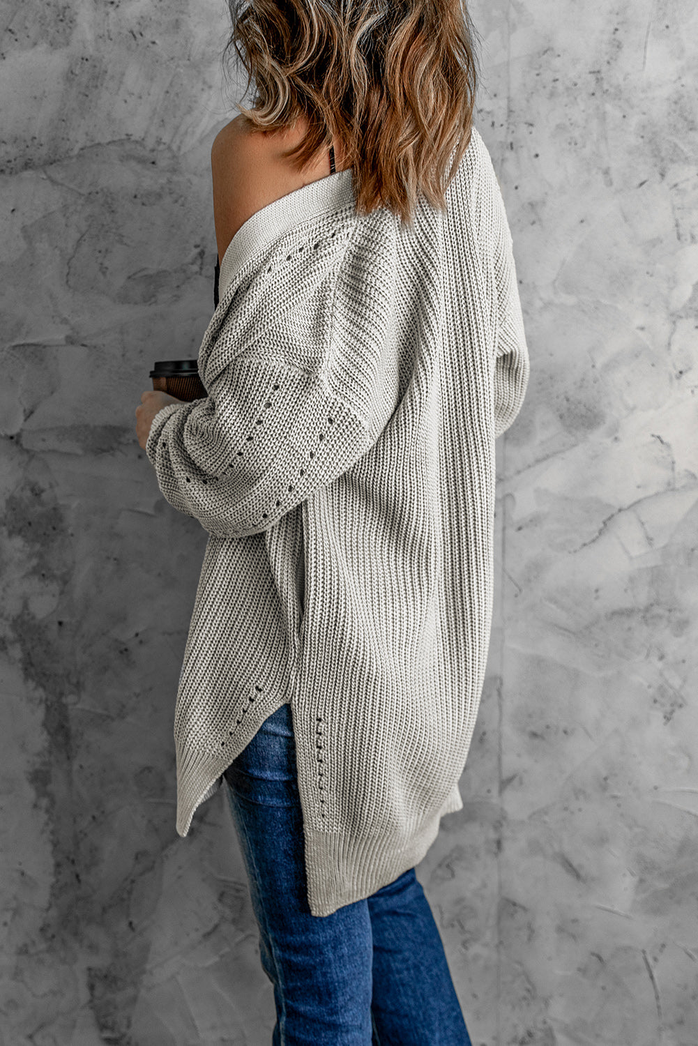 swvws Openwork Rib-Knit Slit Cardigan