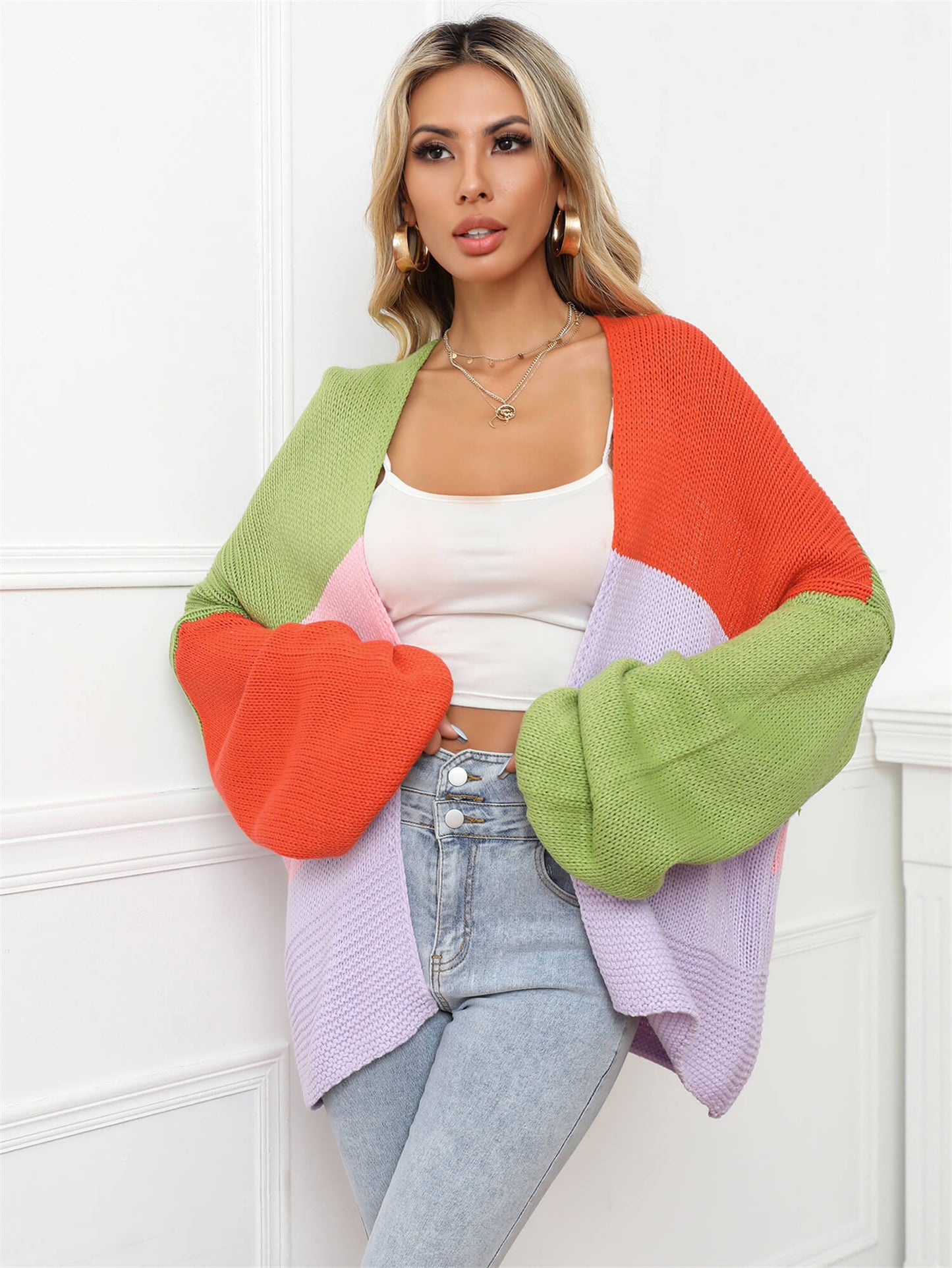 swvws Color Block Open Front Balloon Sleeve Longline Cardigan