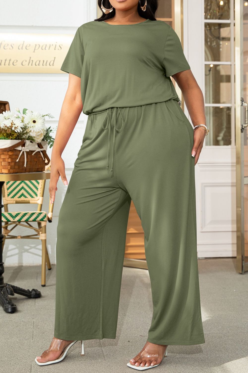 swvws Plus Size Drawstring Waist Short Sleeve Jumpsuit