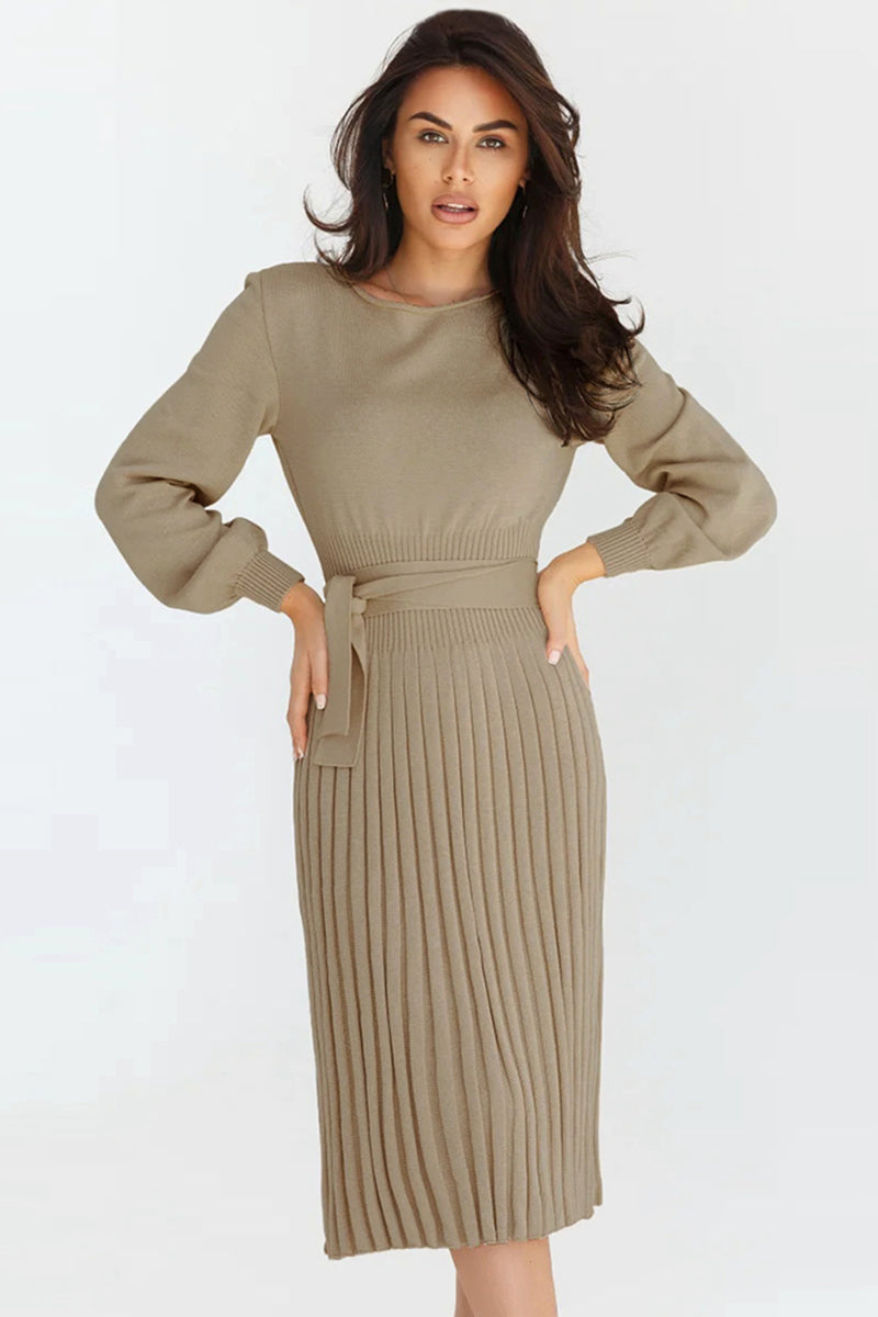 swvws Round Neck Long Sleeve Pleated Sweater Dress