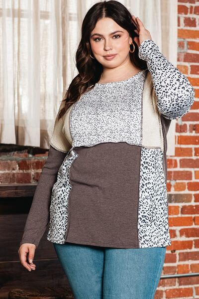 swvws Plus Size Leopard Round Neck Sweatshirt