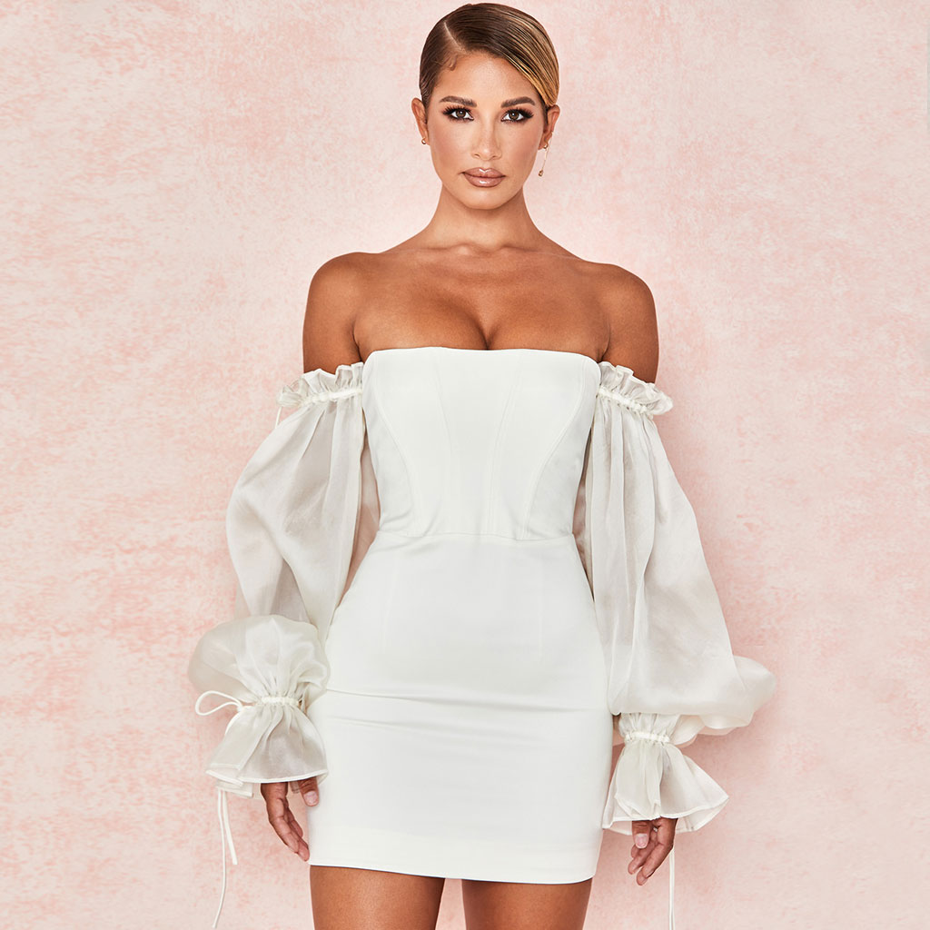 Sixsr Cute Off Shoulder Puff Sleeve Bodycon Party Mini Dress - White